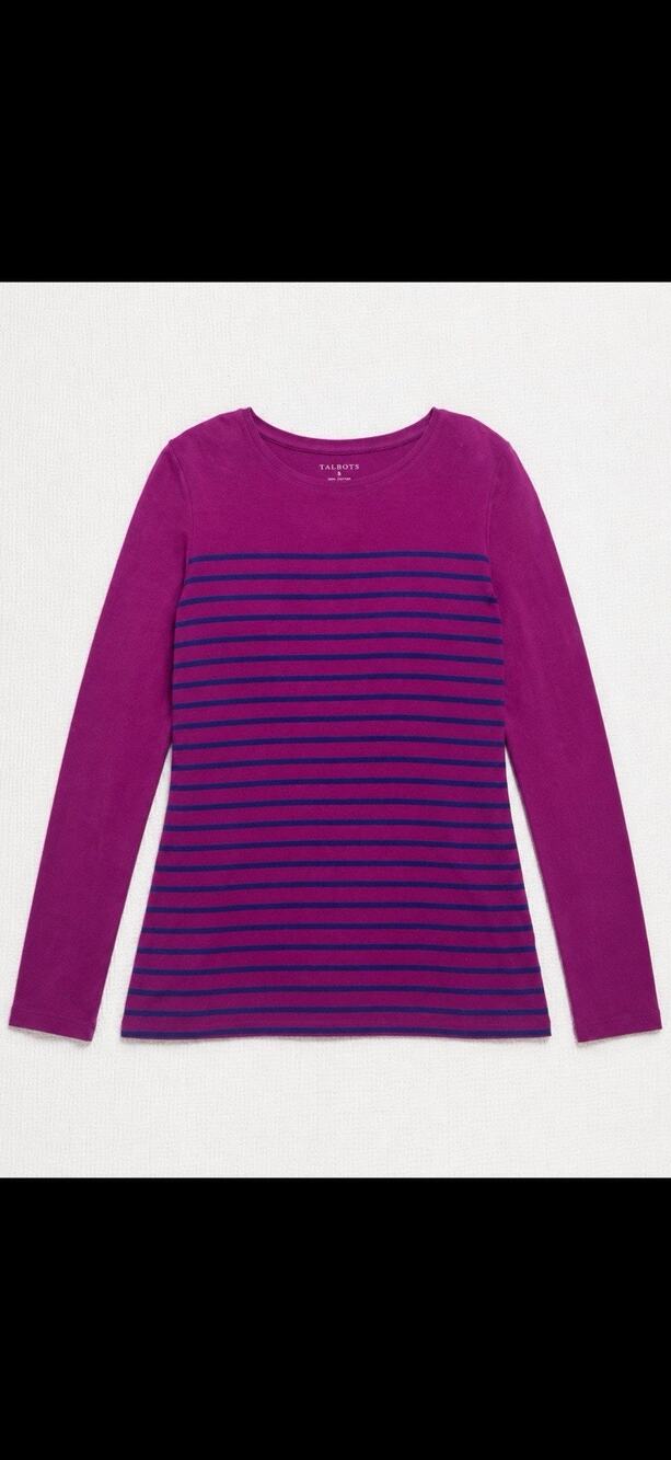 Talbots Women’s S Purple Blue Striped 100% Cotton Knit Crew Neck